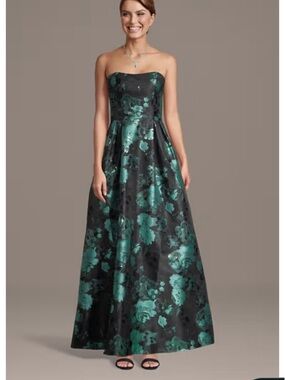 Oleg Cassini Strapless Floral Maxi Dress in Teal and Black size 10